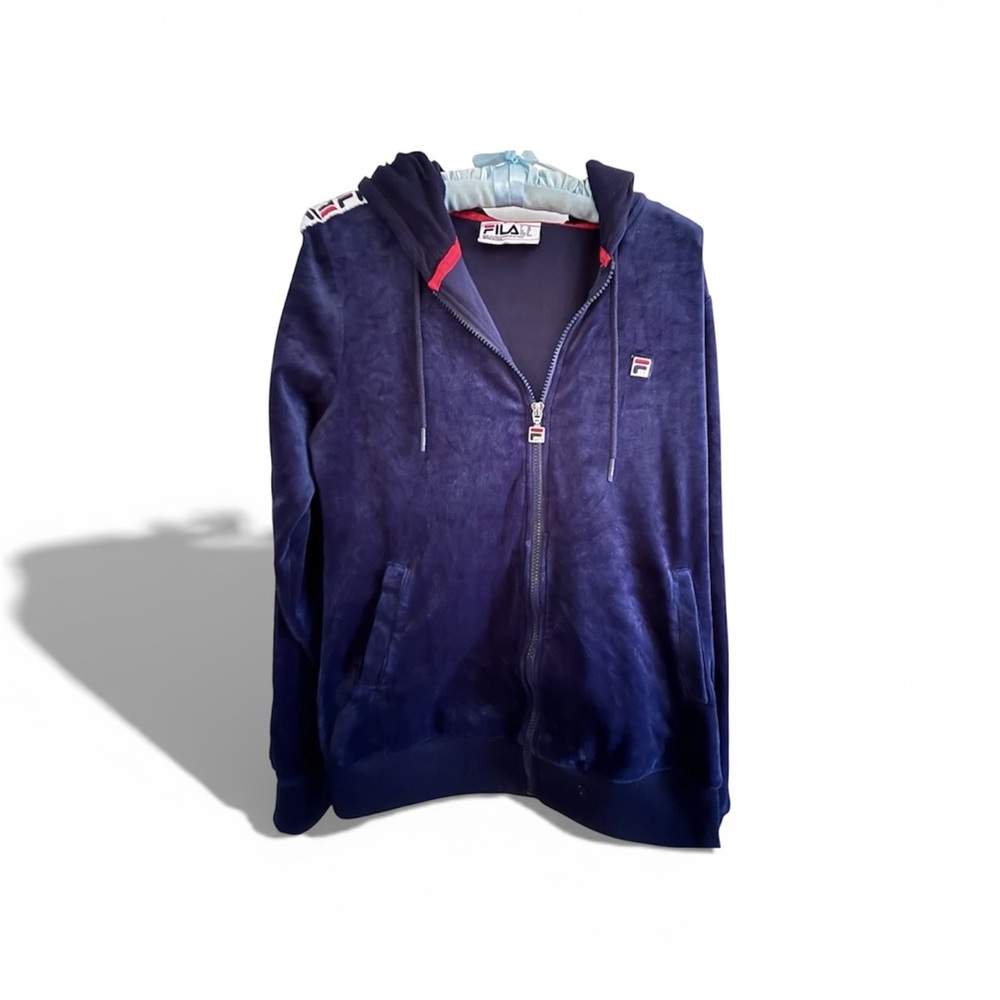 FILA Velour Hoodie Full Zip Long Sleeve Navy Blue SZ M Retro Y2K style